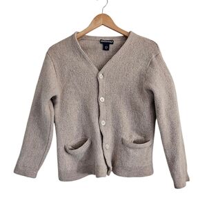 Lands' End 100% Apalca Wool Oatmeal Tan Cardigan Sweater, Size L